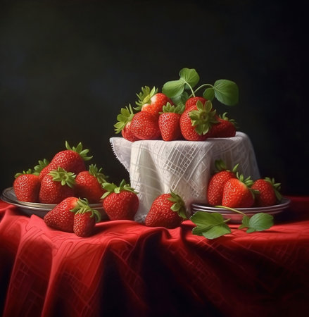 strawberries on table.Strawberries in a bowl on the kitchen table. Generative AIの素材