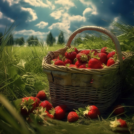 Red strawberries in small wooden basket or wicker. Healthy fresh fruits on white table.の素材