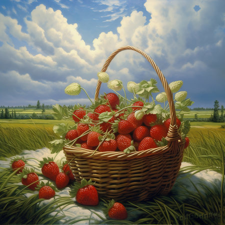 Red strawberries in small wooden basket or wicker. Healthy fresh fruits on white table.の素材