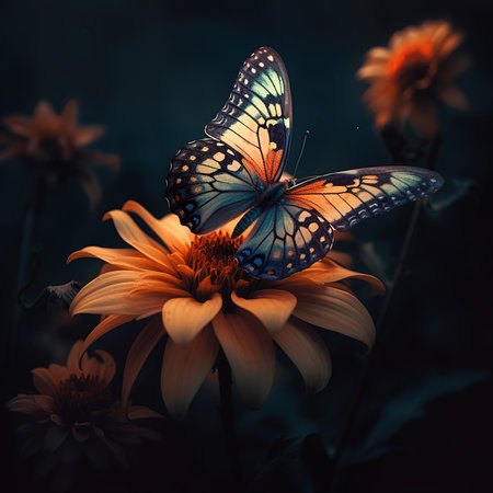 Beautiful butterfly on a flower on a black background. Image created with Generative AI technology.の素材
