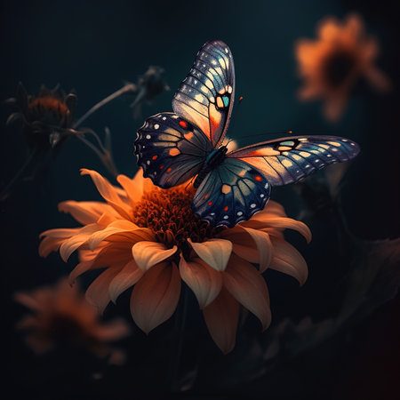 Beautiful butterfly on a flower on a black background. Image created with Generative AI technology.の素材