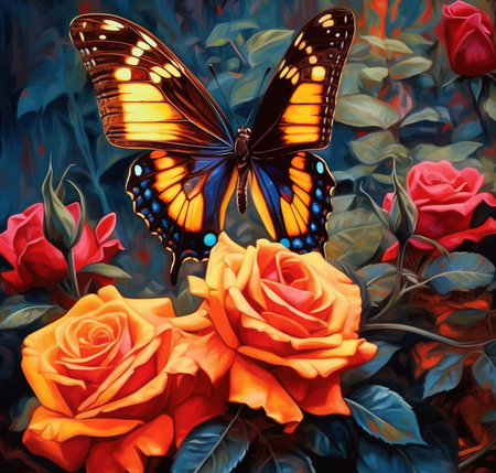 Beautiful butterfly on a flower on a black background. Image created with Generative AI technology.の素材