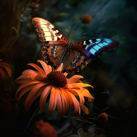 Beautiful butterfly on a flower on a black background. Image created with Generative AI technology.の素材