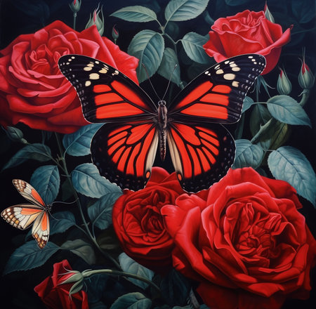 Beautiful butterfly on a flower on a black background. Image created with Generative AI technology.の素材