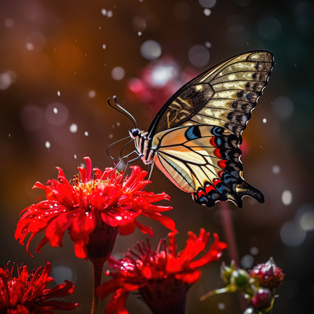 Beautiful butterfly on a flower on a black background. Image created with Generative AI technology.の素材