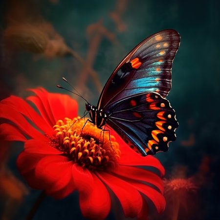 Beautiful butterfly on a flower on a black background. Image created with Generative AI technology.の素材