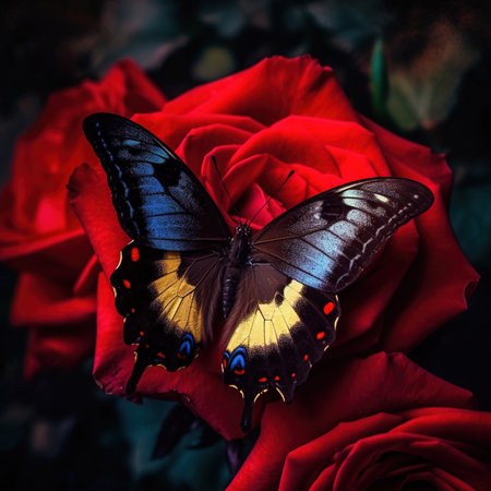 Beautiful butterfly on a flower on a black background. Image created with Generative AI technology.の素材