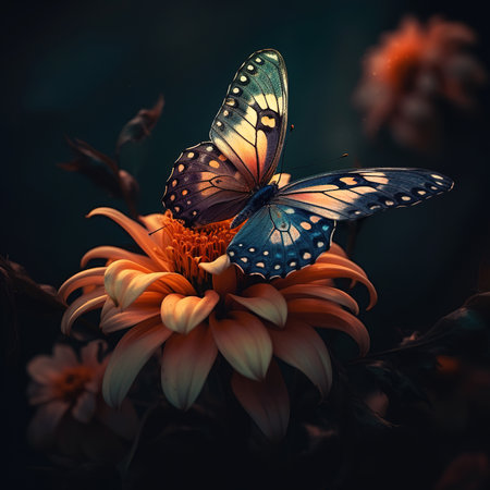 Beautiful butterfly on a flower on a black background. Image created with Generative AI technology.の素材