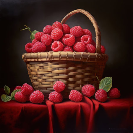 Raspberry on a wooden basket freshly harvested. ai generatedの素材