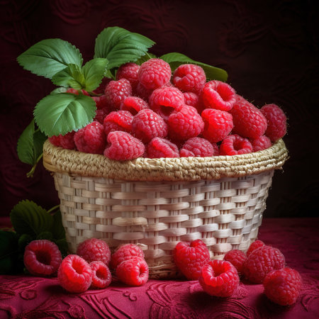 Raspberry on a wooden basket freshly harvested. ai generatedの素材