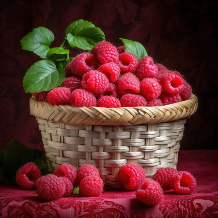 Raspberry on a wooden basket freshly harvested. ai generatedの素材