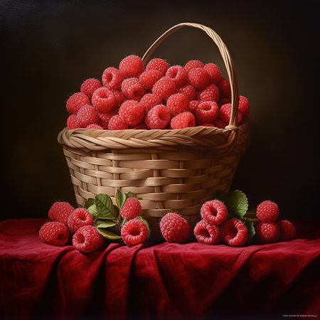 Raspberry on a wooden basket freshly harvested. ai generatedの素材