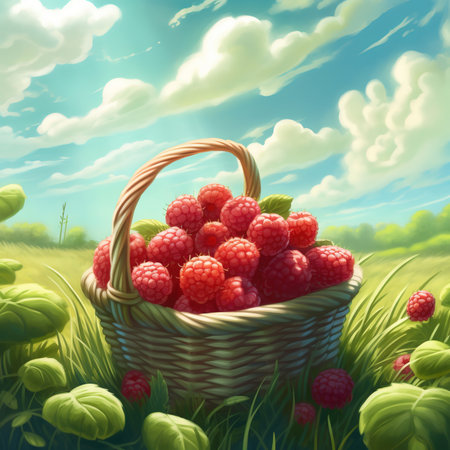 Raspberry on a wooden basket freshly harvested. ai generatedの素材