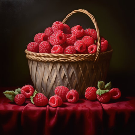 Raspberry on a wooden basket freshly harvested. ai generatedの素材