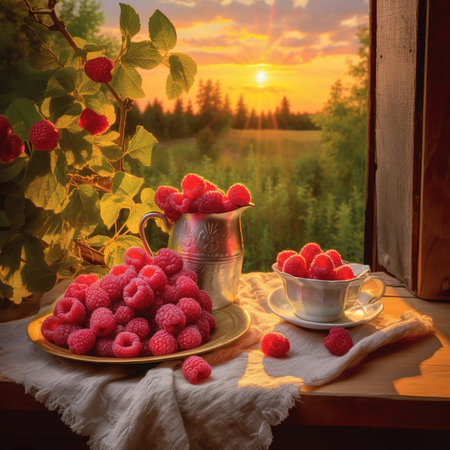 bowl of fresh raspberries on a wooden table. Generative AIの素材