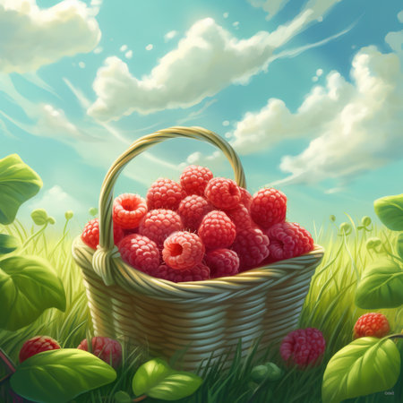 Raspberry on a wooden basket freshly harvested. ai generatedの素材