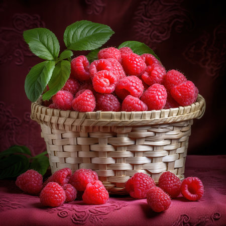 Raspberry on a wooden basket freshly harvested. ai generatedの素材