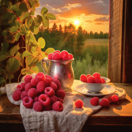 bowl of fresh raspberries on a wooden table. Generative AIの素材