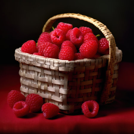 Raspberry on a wooden basket freshly harvested. ai generatedの素材