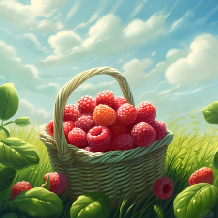 Raspberry on a wooden basket freshly harvested. ai generatedの素材