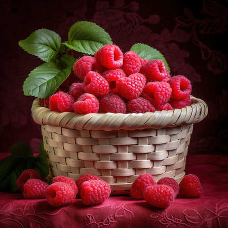 Raspberry on a wooden basket freshly harvested. ai generatedの素材
