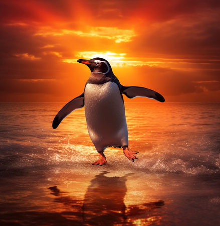 playful penguin.Penguin in action. AI generatedの素材