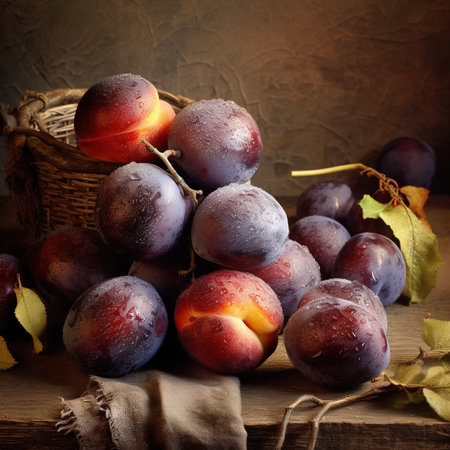 Freshly juicy  picked organic plums in bowl on table.の素材