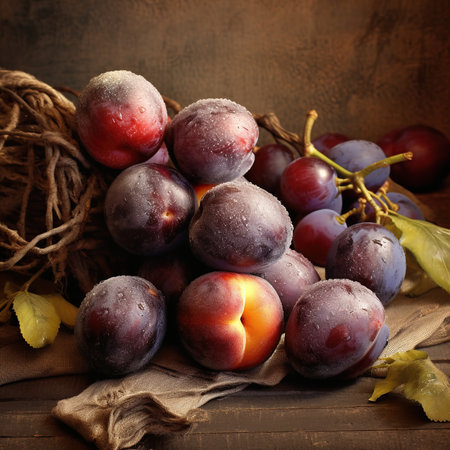 Freshly juicy  picked organic plums in bowl on table.の素材
