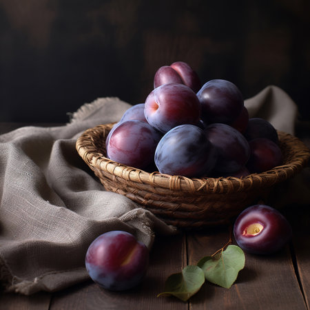 Delicious ripe plums in bowl on table.の素材