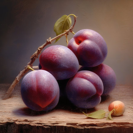 Freshly juicy  picked organic plums in bowl on table.の素材