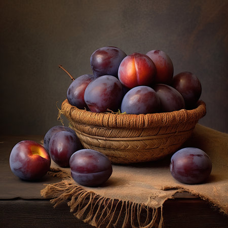 Freshly juicy  picked organic plums in bowl on table.の素材