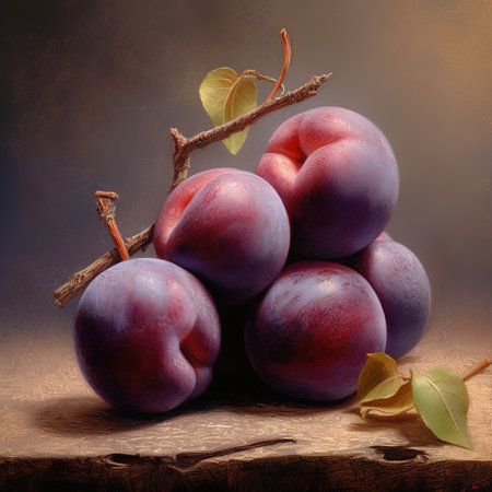 Freshly juicy  picked organic plums in bowl on table.の素材