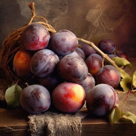 Freshly juicy  picked organic plums in bowl on table.の素材