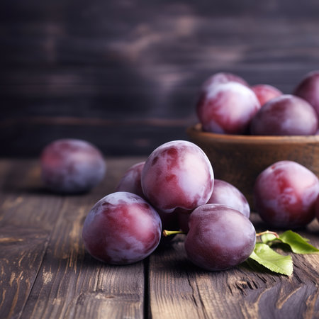 Delicious ripe plums in bowl on table.の素材