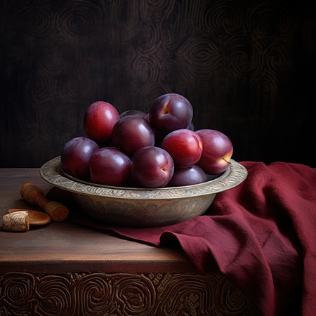 Delicious ripe plums in bowl on table.の素材
