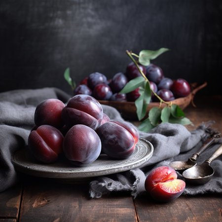 Delicious ripe plums in bowl on table.の素材