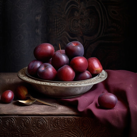 Delicious ripe plums in bowl on table.の素材