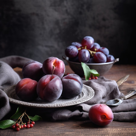 Delicious ripe plums in bowl on table.の素材