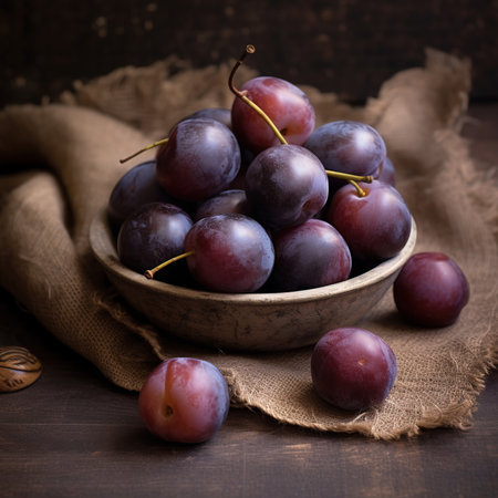 Delicious ripe plums in bowl on table.の素材