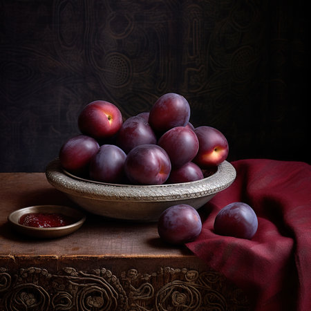 Delicious ripe plums in bowl on table.の素材