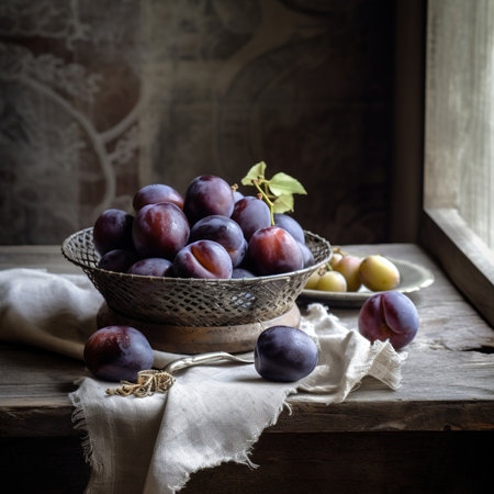 Delicious ripe plums in bowl on table.の素材