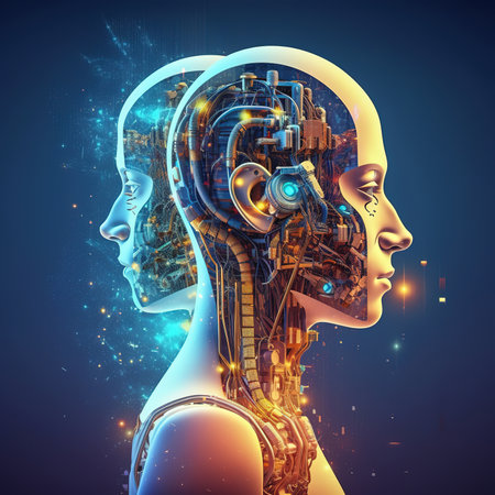 AI, Machine learning, Hand of robot touching on big data network, revolution of AI, Data exchange, deep learning, Science and artificial intelligence technology, innovation of futuristic.  backgroundの素材