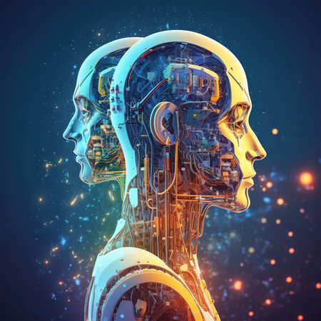 Big data and artificial intelligence concept. Machine learning and cyber mind domination concept in form of women face on dark blue technology background,の素材