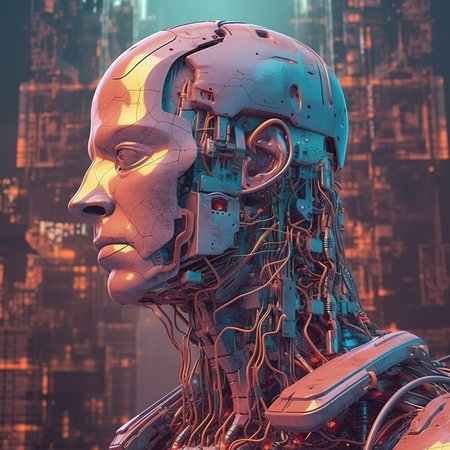 Big data and artificial intelligence concept. Machine learning and cyber mind domination concept in form of women face outline outline with circuit board and binary data flow on blue background.の素材
