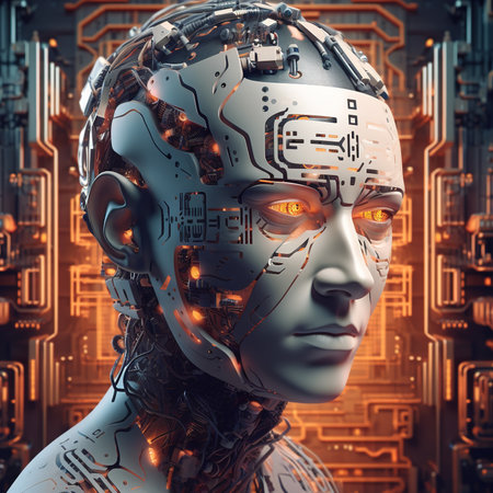 Artificial intelligence Woman Cyborg head with artificial neural networks brain. Neon cyberpunk word. Female robot face with computer artificial intelligence.background.の素材