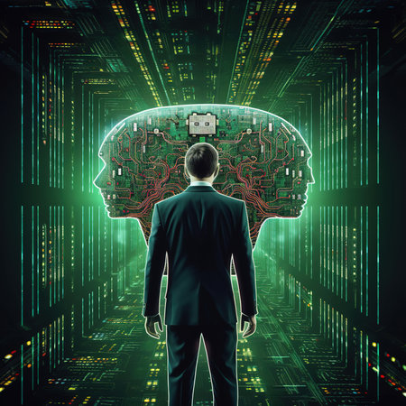 Brain with printed circuit board PCB design and businessman representing artificial intelligence AI.backgroundの素材