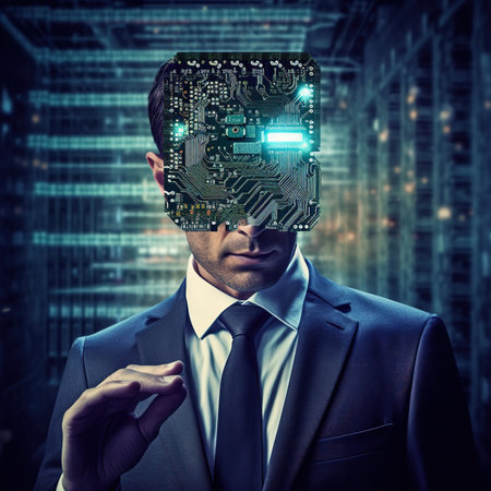 Brain with printed circuit board PCB design and businessman representing artificial intelligence AI.backgroundの素材
