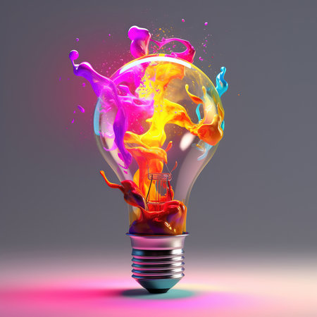 Light bulb creative colored dust powder smoke splash explosion. Colorful electricity paint creativity concept idea.の素材