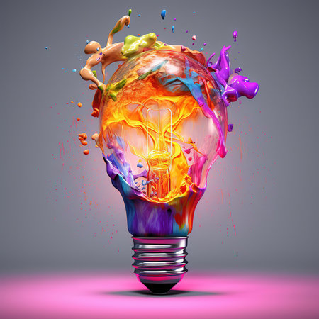 Light bulb creative colored dust powder smoke splash explosion. Colorful electricity paint creativity concept idea.の素材