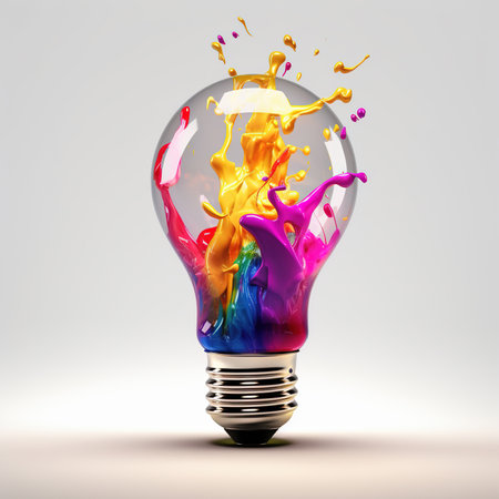 Light bulb creative colored dust powder smoke splash explosion. Colorful electricity paint creativity concept idea.の素材
